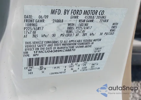 2009 Ford Escape Limited из США, поврежденный, VIN 1FMCU04G89KC98870